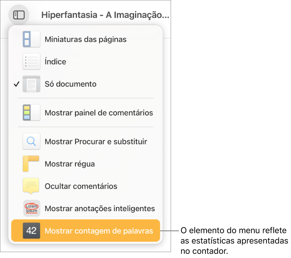 O menu "Visualização” aberto com “Mostrar contagem de caracteres” perto da parte inferior.