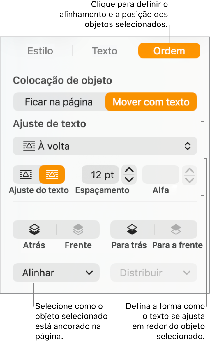 O menu “Formatação” com a barra lateral "Ordem” visível. As definições “Colocação de objeto” estão na parte superior da barra lateral "Ordem”, com as definições “Ajuste de texto” por baixo.