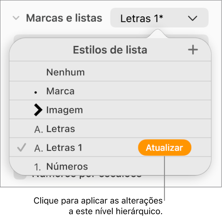 O menu pop-up “Estilos de lista” com um botão “Atualizar” junto ao nome do novo estilo.