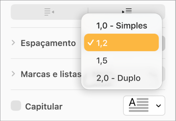 O menu pop-up "Espaçamento” com as opções “Único”, “Duplo” e outras.