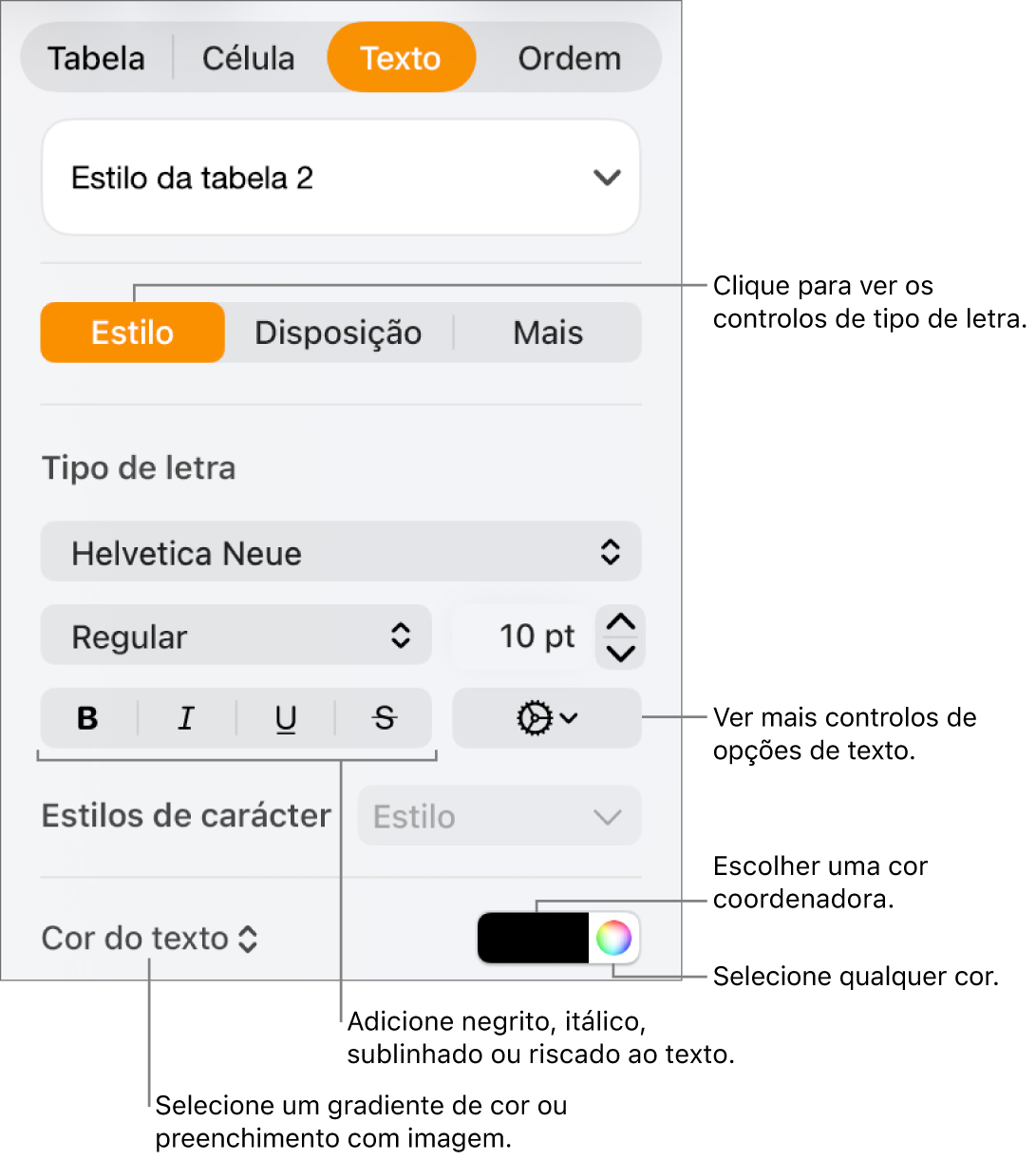 Os controlos para o estilo do texto de uma tabela.