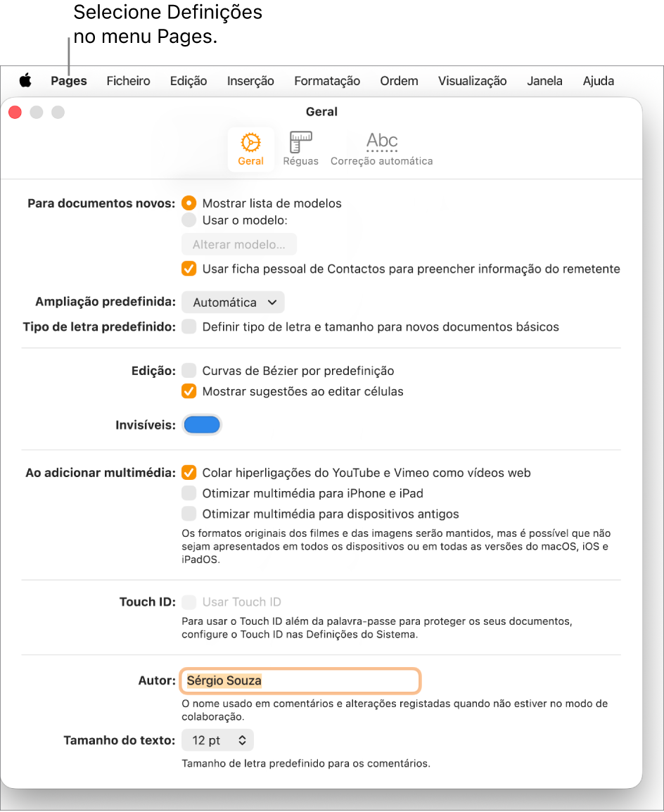 Painel de definições do Pages aberta no separador “Geral”.