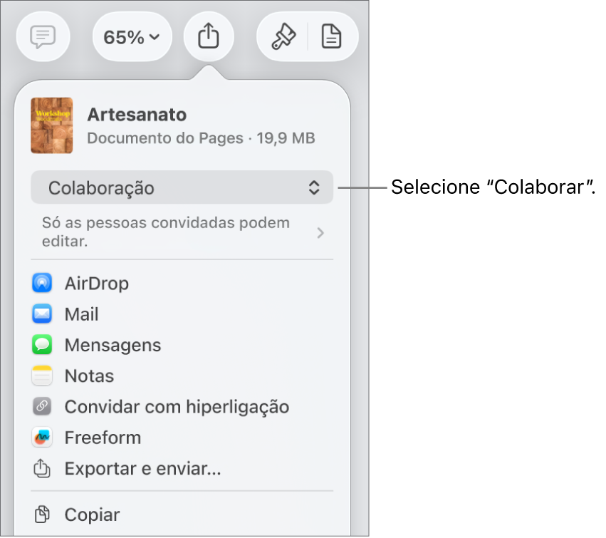 O menu "Partilha” com “Colaboração” selecionada na parte superior e as definições de acesso e permissão por baixo.