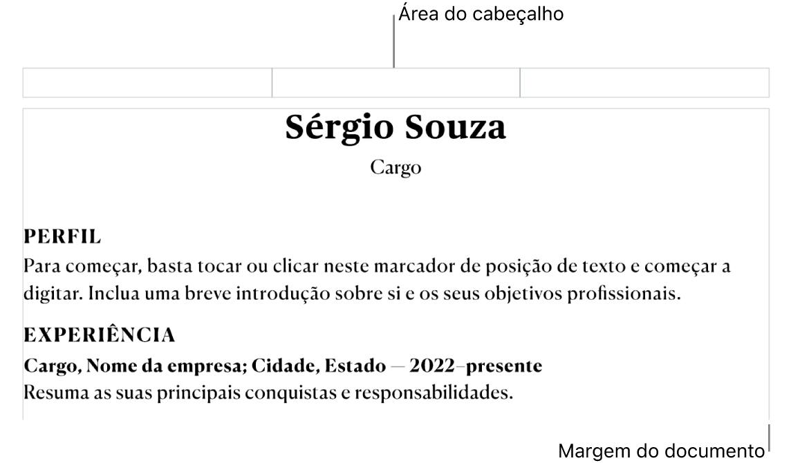 A vista “Disposição” a mostrar a área do cabeçalho e as margens do documento.