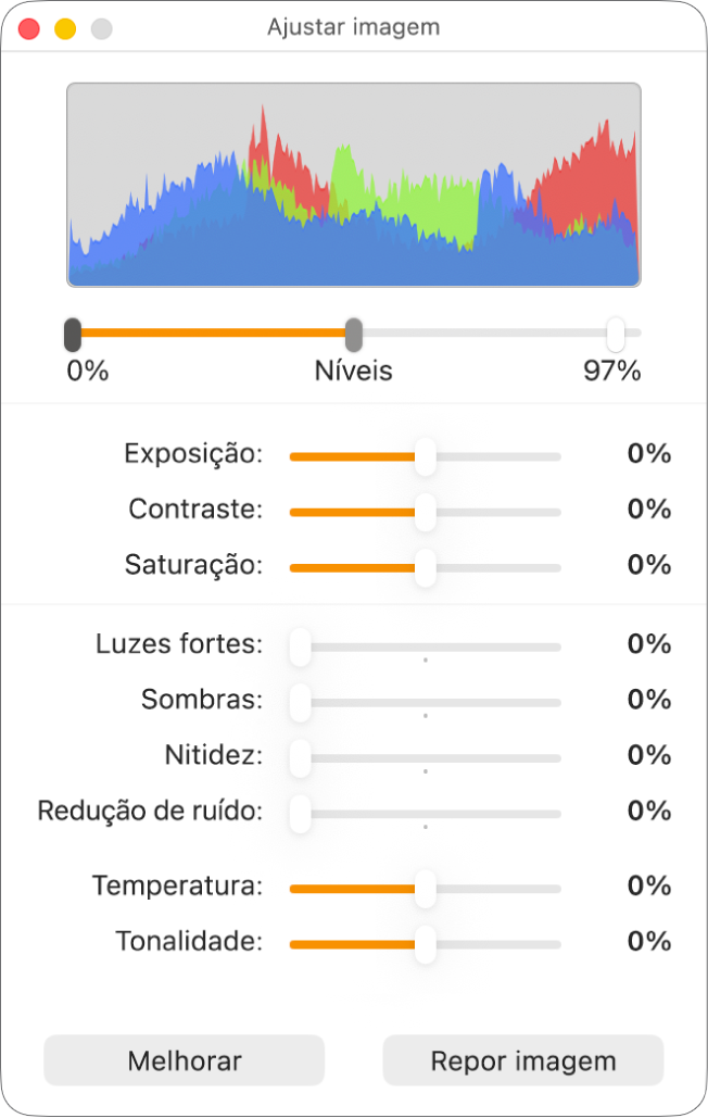 A janela “Ajustar imagem” com niveladores para definir exposição, contraste, saturação, luzes, sombras, nitidez, ruído, temperatura e tonalidade.