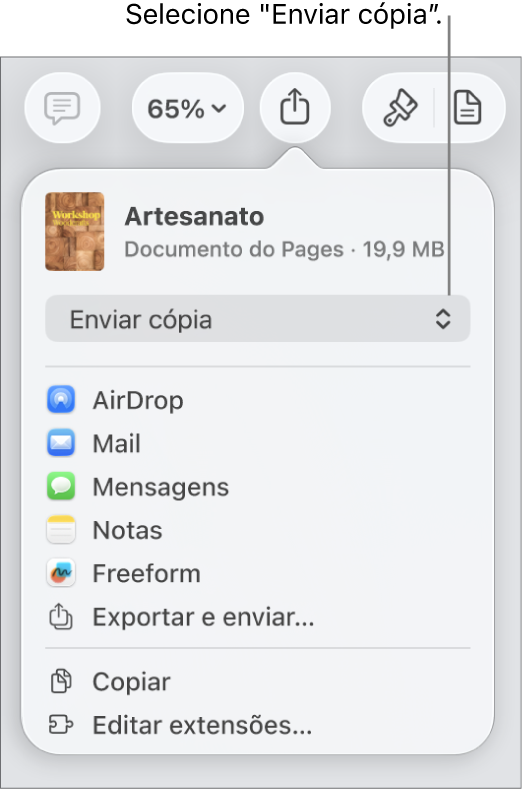 O menu “Partilhar” com “Enviar cópia” selecionada na parte superior.