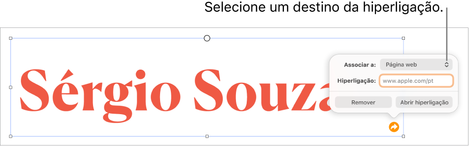 Os controlos do editor de hiperligações com a página web selecionada e os botões "Remover hiperligação” e “Abrir hiperligação” na parte inferior.