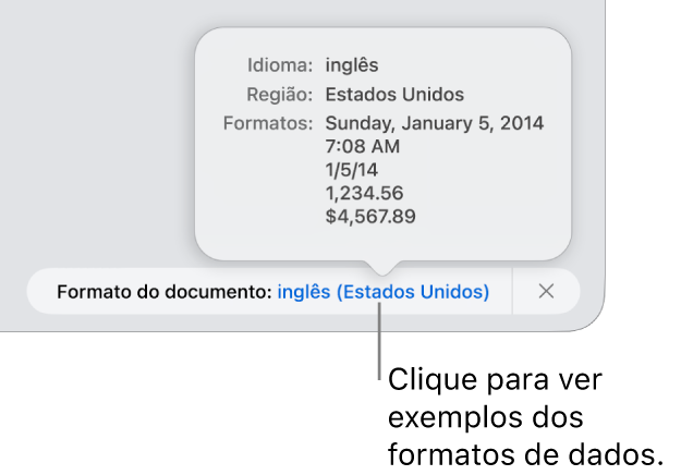 A notificação da definição diferente do idioma e região, apresentando exemplos da formatação nesse idioma e região.