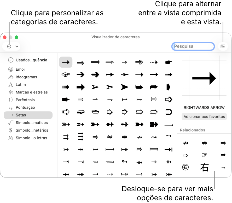 O Visualizador de caracteres expandido a mostrar caracteres especiais e símbolos, um menu para diferentes categorias de símbolos do lado esquerdo e um botão no canto superior direito que lhe permite voltar à vista comprimida.