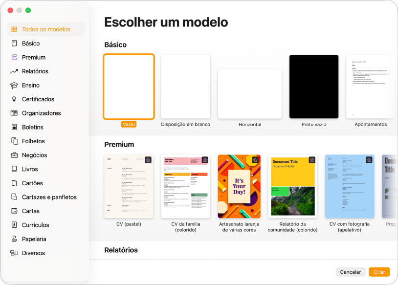 A lista de modelos. Uma barra lateral à esquerda lista as categorias do modelo onde pode clicar para filtrar opções. À direita encontram-se as miniaturas de modelos preconcebidos organizados em linhas por categoria. Os botões “Cancelar” e “Criar” estão no canto inferior direito.