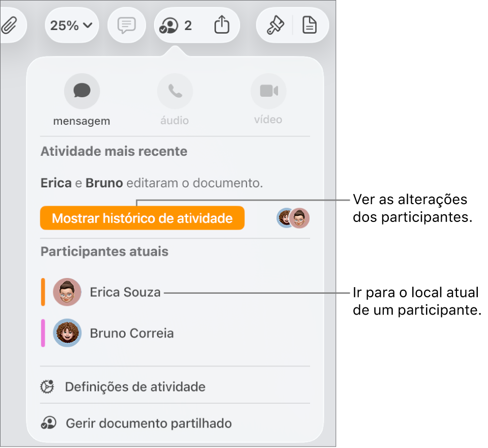 O menu de colaboração com dois participantes atuais listados.