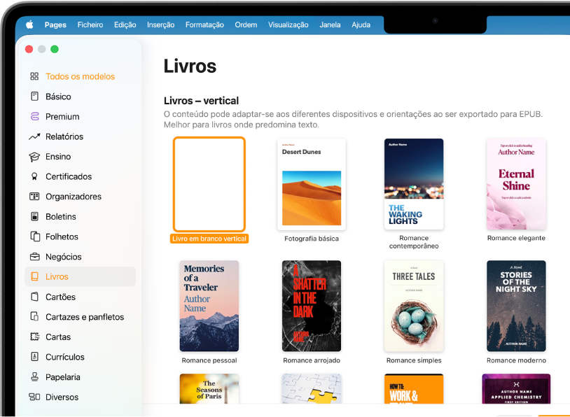 A lista de modelos com "Livros” selecionado na lista de categorias à esquerda e os modelos de livros na orientação vertical à direita.