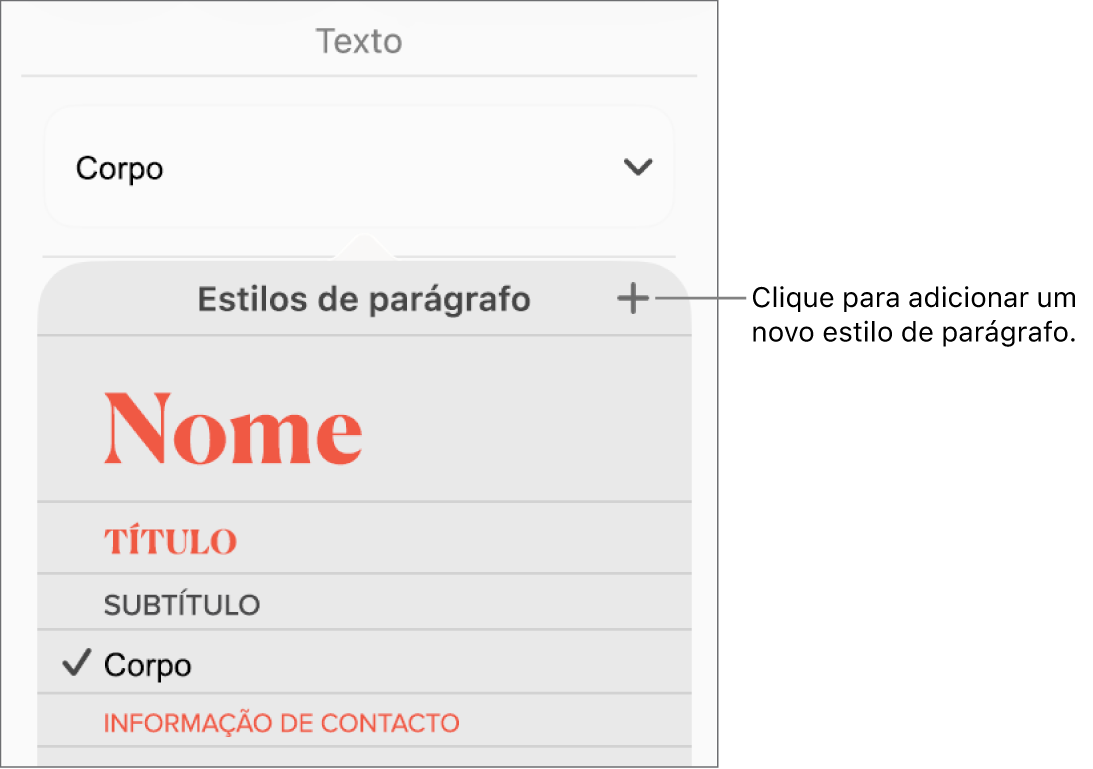 O menu “Estilos de parágrafo” com uma chamada para o botão “Novo estilo”.