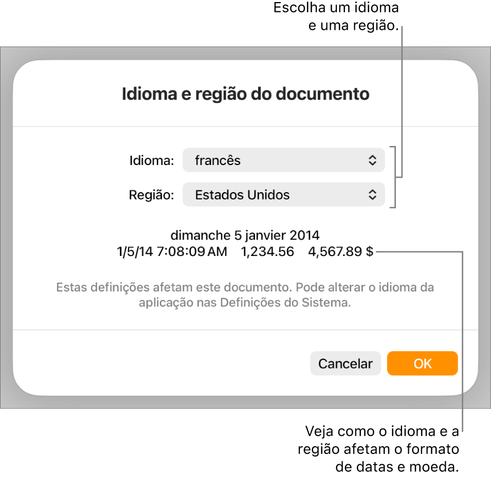 O painel “Idioma e região” com controlos de idioma e região e um exemplo da formatação, incluindo data, hora, decimal e moeda.