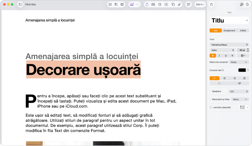 Document deschis cu bara laterală de formatare deschisă și cu fila de text selectată.