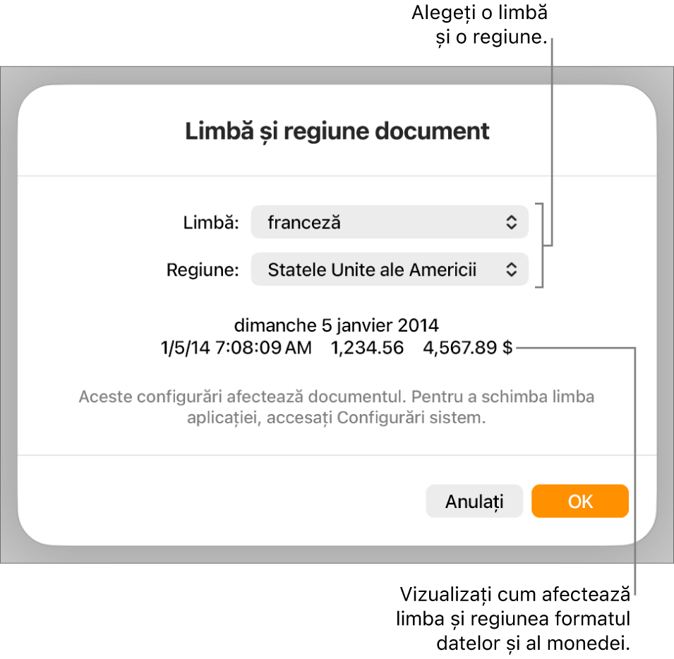 Panoul Limbă și regiune, cu comenzile pentru limbă și regiune și un exemplu de format, inclusiv data, ora, zecimale și valuta.