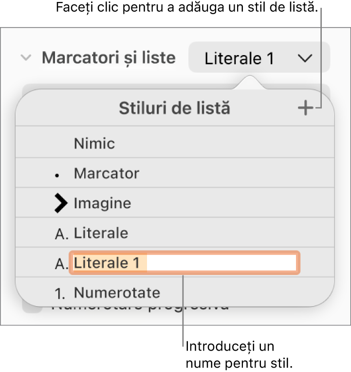 Meniul pop-up Stiluri de listă, cu un buton Adaugă în colțul din dreapta sus și un nume de stil substituent cu textul aferent selectat.
