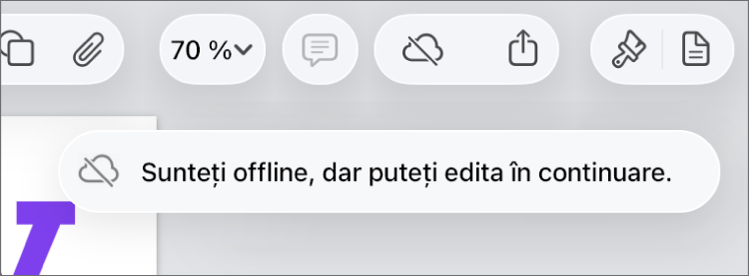 Butoanele din partea de sus a ecranului, cu butonul Colaborare transformat într-un nor traversat de o linie diagonală. Pe ecran apare o alertă „Sunteți offline, dar puteți edita în continuare”.