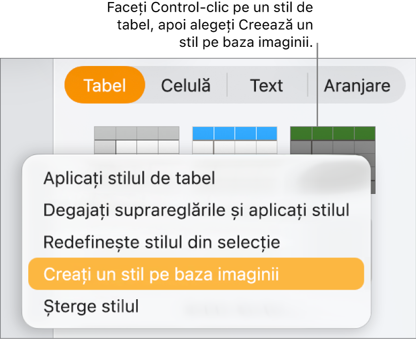 Meniul de scurtături al stilului de tabel.