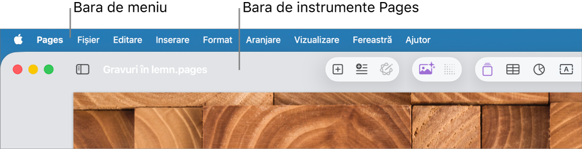 Bara de meniu din partea de sus a ecranului cu meniurile Apple, Pages, Fișier, Editare, Inserare, Format, Aranjare, Vizualizare, Fereastră și Ajutor. Sub bara de meniu se află un document Pages deschis cu butoanele din bara de instrumente.