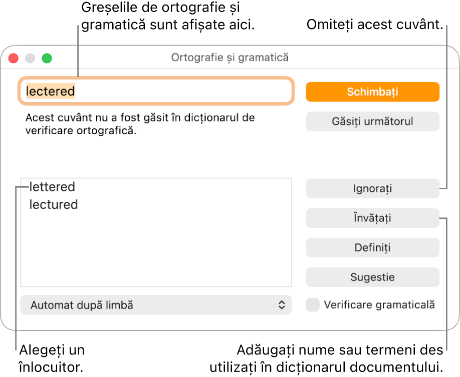 Fereastra Ortografie și gramatică.