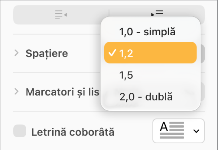 Meniul pop-up Spațiere cu opțiunile Simplă, Dublă și altele.