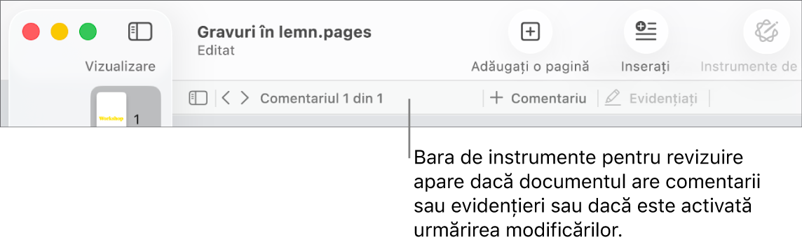 Bara de instrumente Pages în partea de sus a ecranului, cu butoanele de-a lungul părții de sus pentru Vizualizare, Zoom, Adaugă o pagină, Inserează, Tabel, Diagramă, Text, Formă, Multimedia și Comentariu. Sub bara de instrumente Pages se află bara de instrumente pentru revizuire cu butonul pentru ascunderea sau afișarea comentariilor, săgețile pentru saltul la comentariul anterior sau următor, numărul total de comentarii și butoanele pentru adăugarea unui comentariu sau pentru evidențiere.