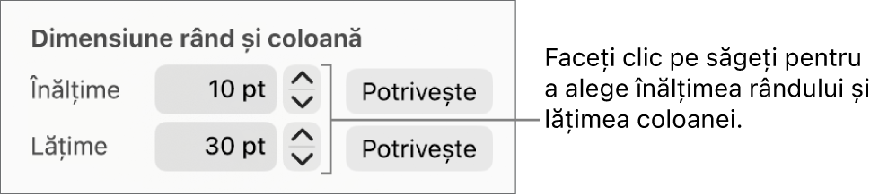 Comenzile pentru setarea unei dimensiuni precise a rândului sau coloanei.