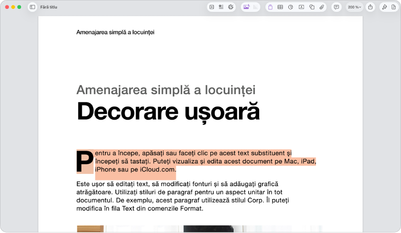 Într-un document deschis, este selectat text substituent din șablon.