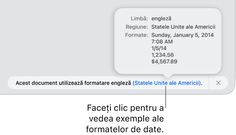 Notificarea privind configurarea limbii și regiunii diferite, afișând exemple de formatare în limba și regiunea respectivă.
