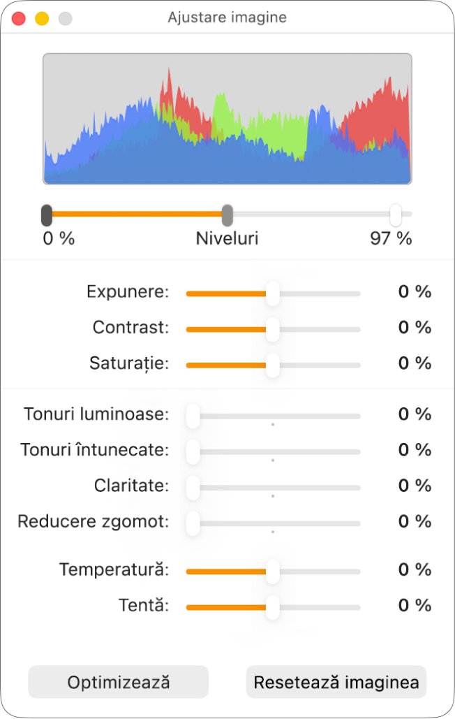 Fereastra Ajustare imagine cu glisoare pentru configurarea expunerii, contrastului, saturației, tonurilor luminoase și întunecate, clarității, reducerii zgomotului, temperaturii și nuanței.