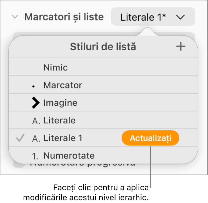 Meniul pop-up Stiluri de listă, cu un buton Actualizează lângă numele noului stil.