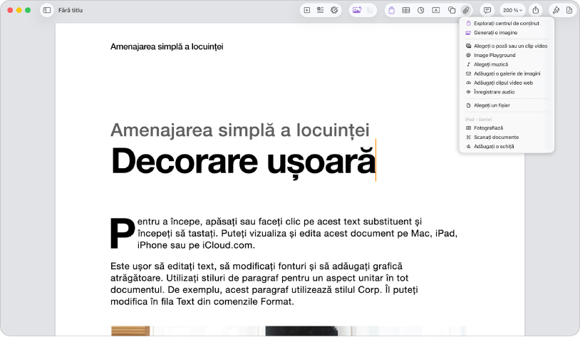 Document deschis cu meniul „Adăugați conținut multimedia” deschis.