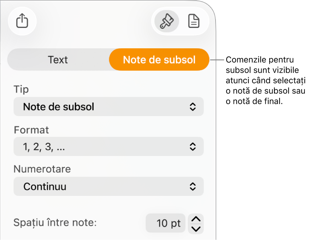 Panoul Note de subsol afișează meniuri pop-up pentru Tip, Format, Numerotare și spațiu între note.