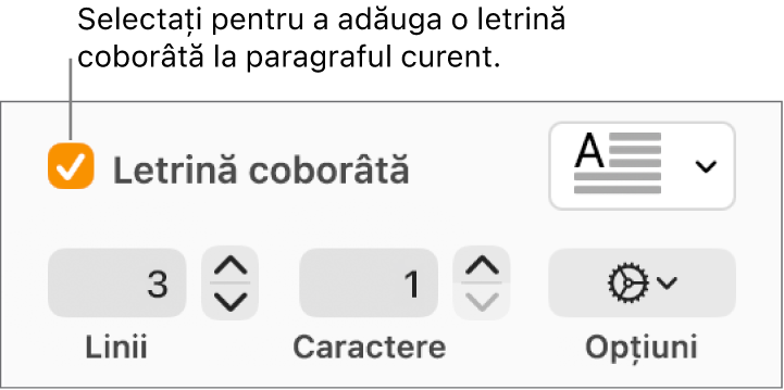 Caseta de validare Letrină coborâtă este selectată și un meniu pop-up apare în dreapta acesteia; comenzile pentru configurarea înălțimii liniei, a numărului de caractere și alte opțiuni apar sub aceasta.