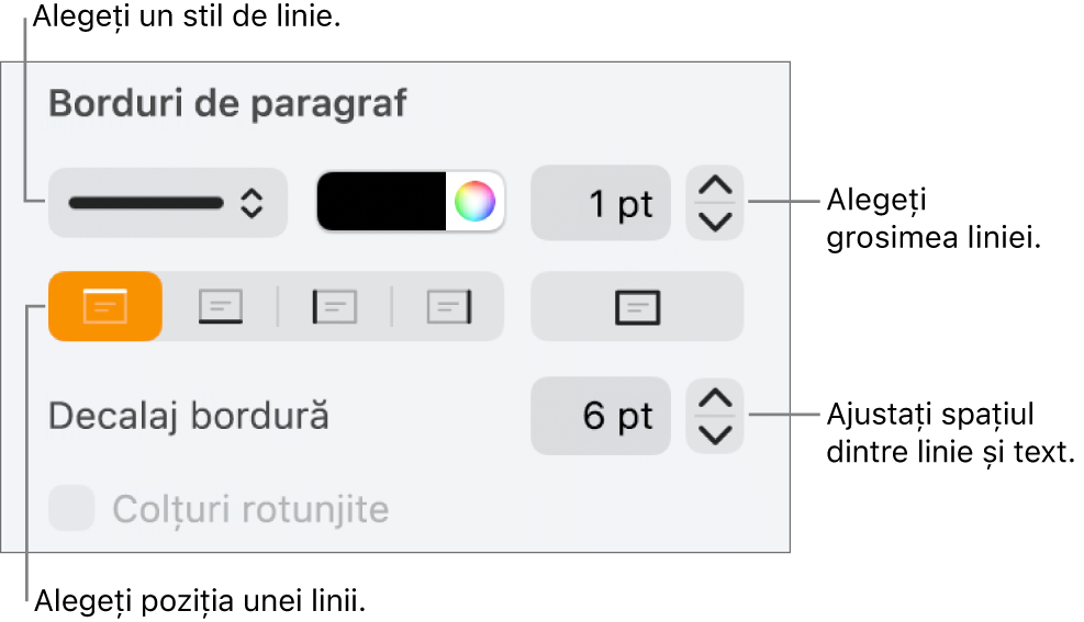 Comenzile pentru schimbarea stilului, grosimii, poziției și culorii liniei.