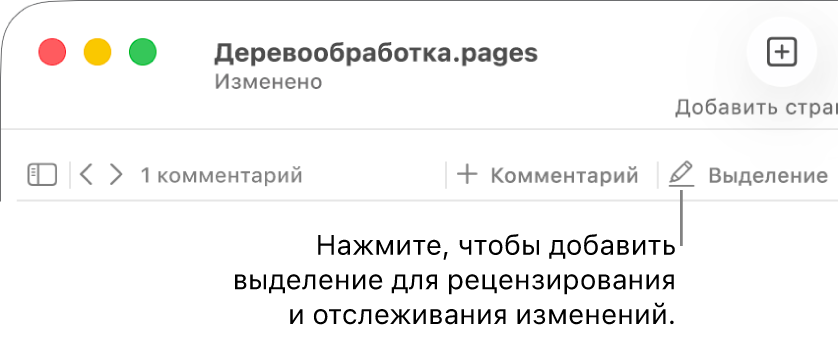 Меню «Вставка» в строке меню; ниже — панель инструментов Pages с инструментами рецензирования и вынесенной кнопкой «Выделение».