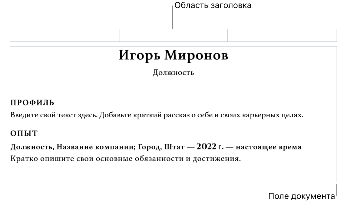 Режим просмотра макета с областью верхнего колонтитула и полями документа.