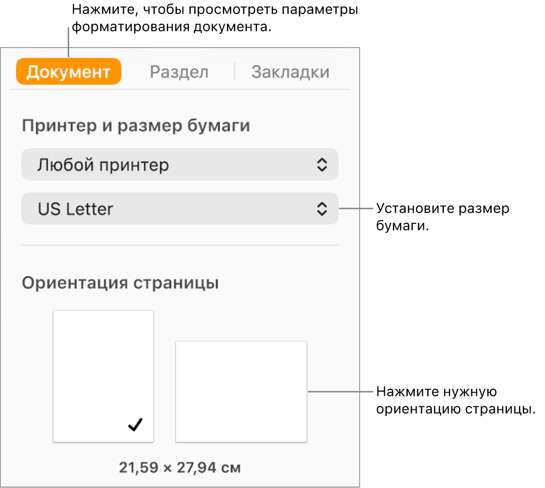 Боковое меню «Документ». Вверху бокового меню выбрана вкладка «Документ». В боковом меню находятся всплывающее меню для выбора формата бумаги и кнопки вертикальной и горизонтальной ориентации страницы.