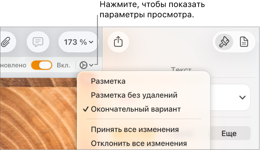 Меню параметров рецензирования. Показаны пункты «Разметка», «Разметка без удалений» и «Окончательный вариант».