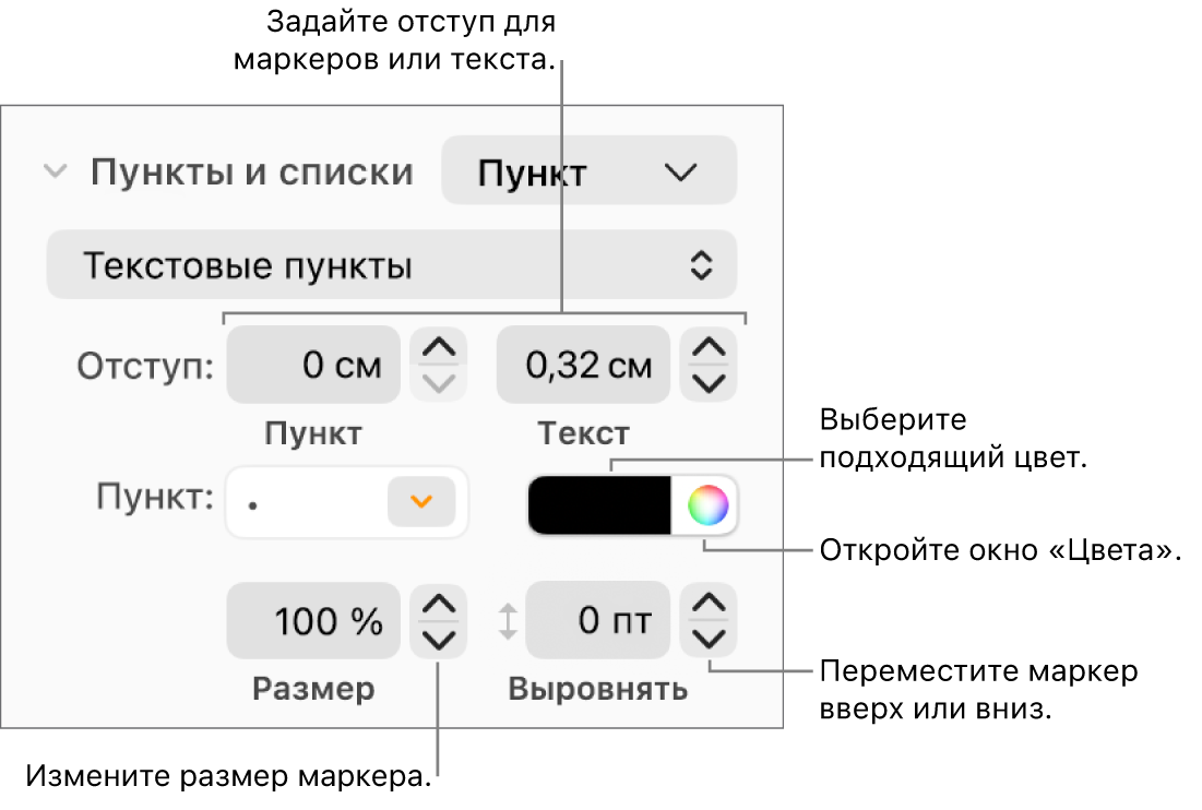 Раздел «Пункты и списки» с вынесенными элементами управления для задания отступов маркеров и текста, цвета маркеров, размера маркеров и выравнивания.