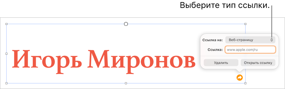 Элементы управления редактора ссылок; выбран элемент «Веб-страница». В нижней части экрана показаны кнопки «Удалить» и «Открыть ссылку».