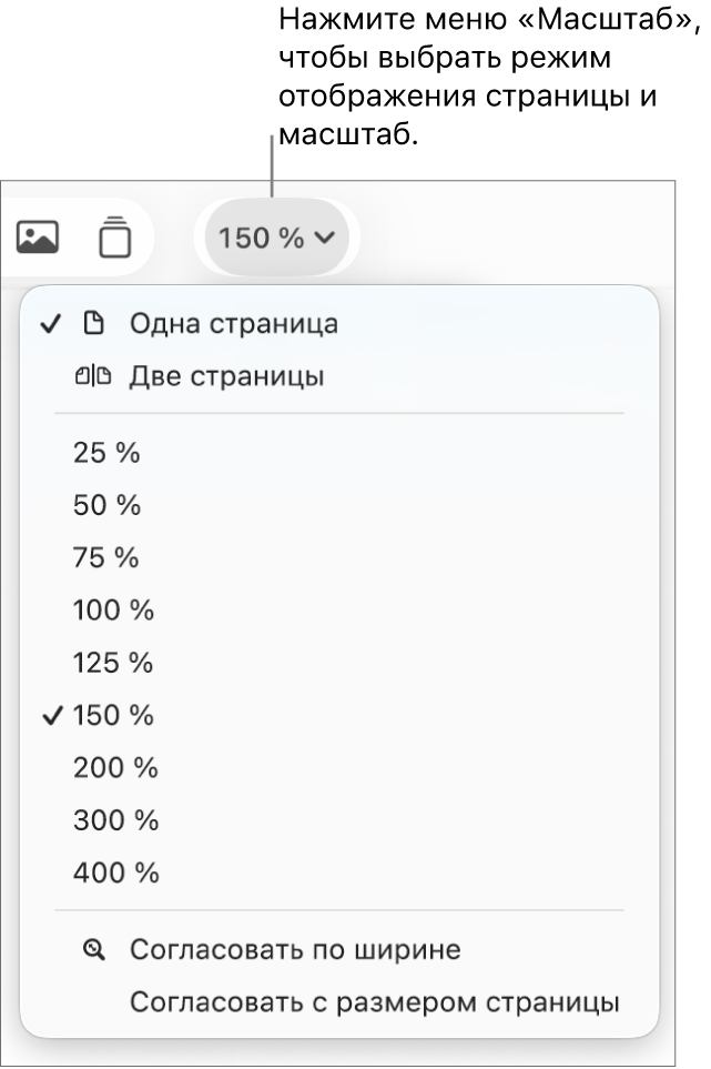 Всплывающее меню «Масштаб». Сверху расположены параметры для просмотра одной или двух страниц, ниже — поле с процентными значениями в диапазоне от 25% до 400%, снизу показаны элементы «Согласовать по ширине» и «Согласовать с размером страницы».