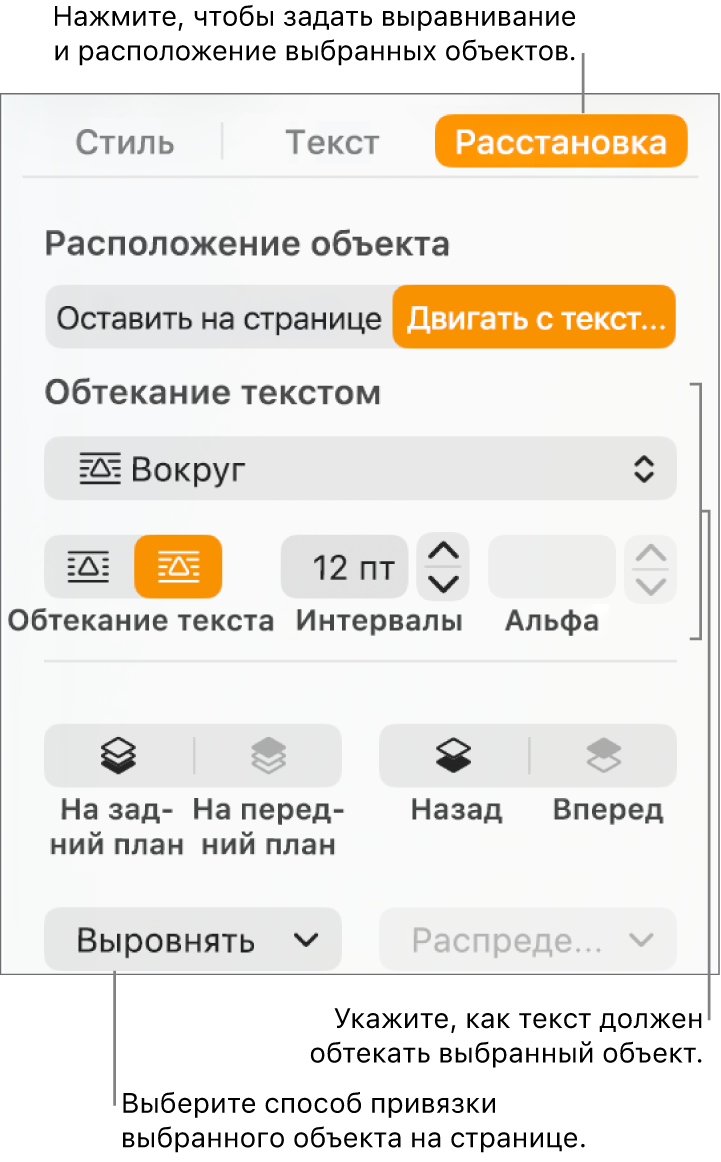 Меню «Формат» с боковым меню «Расстановка». Вверху бокового меню «Расстановка» находится раздел настроек «Расположение объекта», а под ним — «Обтекание текстом».