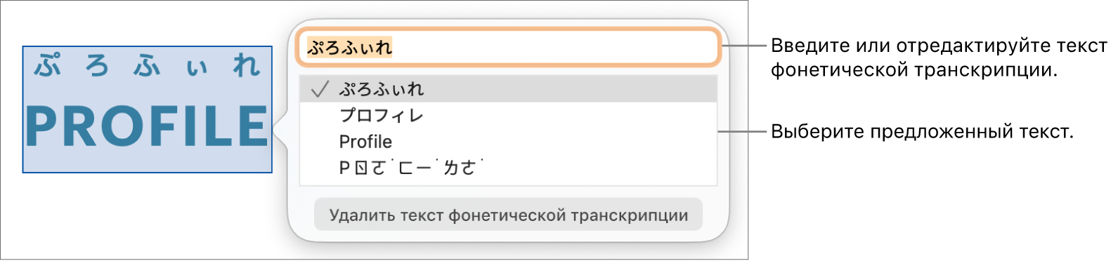 Отображается фонетическая транскрипция слова с вынесенным текстовым полем, содержащим предложенный вариант текста.