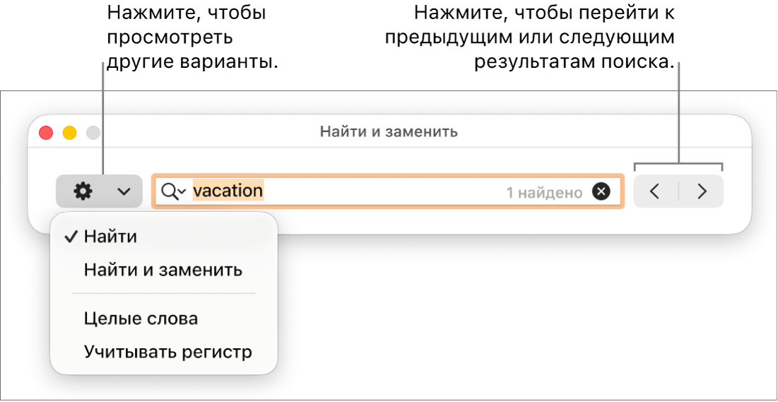 В окне «Найти и заменить» открыто всплывающее меню, в котором показаны параметры «Найти», «Найти и заменить», «Целые слова» и «Регистр». Стрелки справа позволяют переходить к предыдущему или следующему результату поиска.