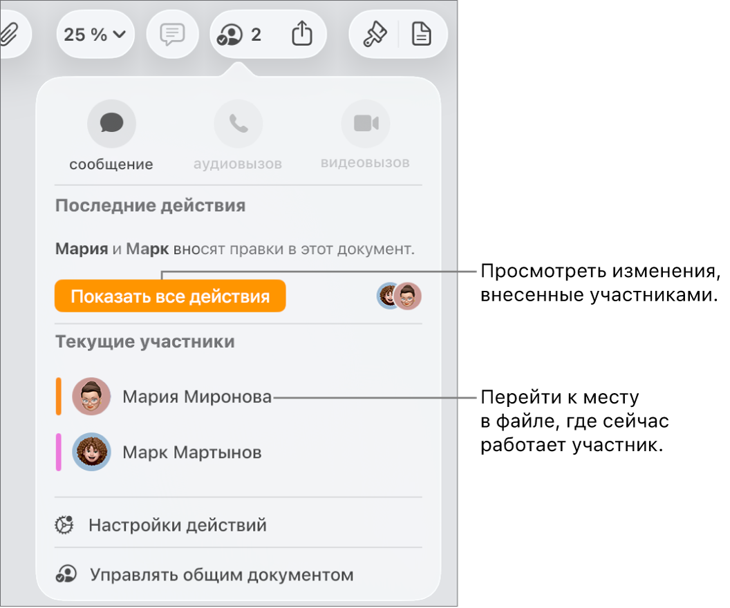 В меню совместной работы показаны двое активных участников.