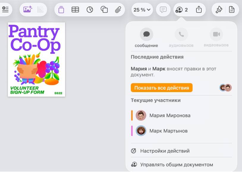 Меню совместной работы, в котором показаны имена людей, совместно работающих над документом.