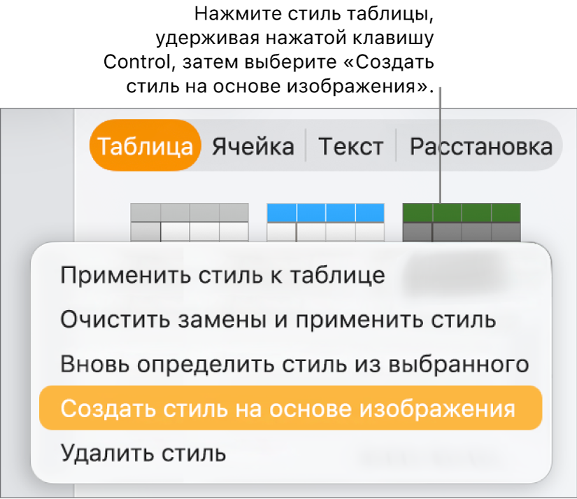Контекстное меню стиля таблицы.