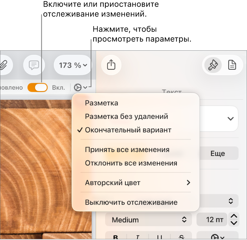 Меню отслеживания изменений с пунктом «Выкл. отслеживание» внизу и вынесенными кнопками включения и приостановки отслеживания.